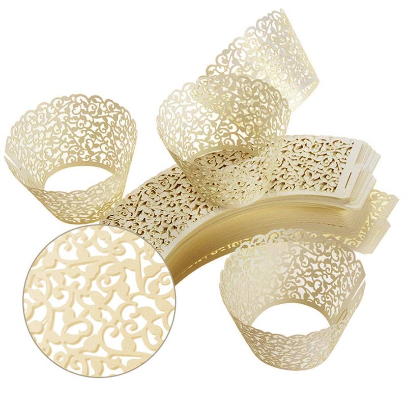 GOLF 100Pcs Cupcake Wrappers Artistic Bake Cake Paper Filigree Little Vine Lace Laser Cut Liner Baking Cup Wraps Muffin CaseTrays for Wedding Party Birthday Decoration (Beige) - Image 3